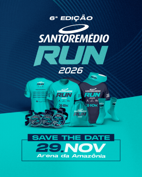 Peça oficial da Santo Remédio Run 2026 com camisetas, medalhas e kit do corredor